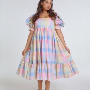 Selkie Pub Garden Pastel Plaid Puff Sleeve Midi Dress in Pink, Blue, Yellow